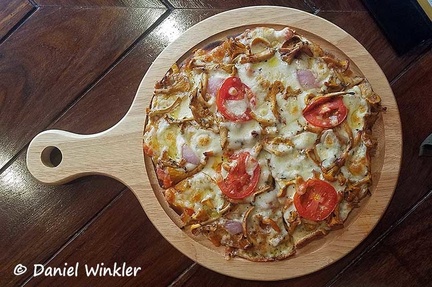 Chanterelle Pizza made for us at Druk Hotel in Thimphu